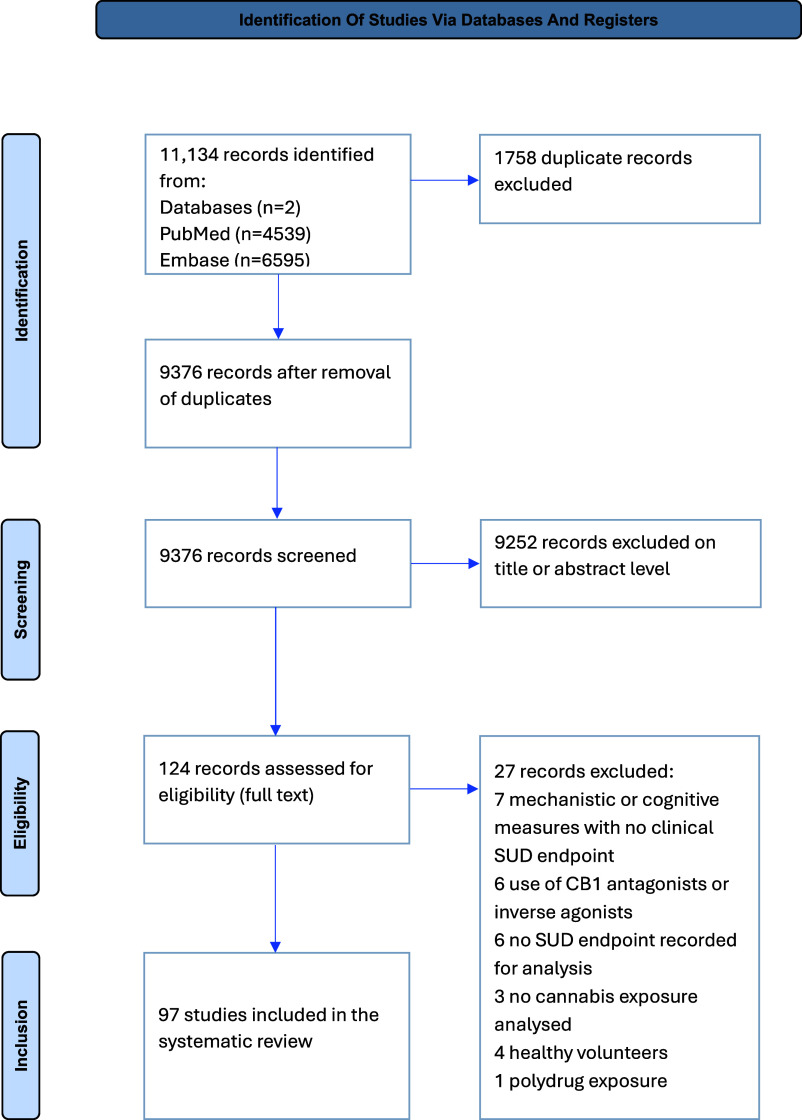 A P R I S M A flowchart detailing the systematic review process from 11,134 initial records to 97 included studies. See long description.
