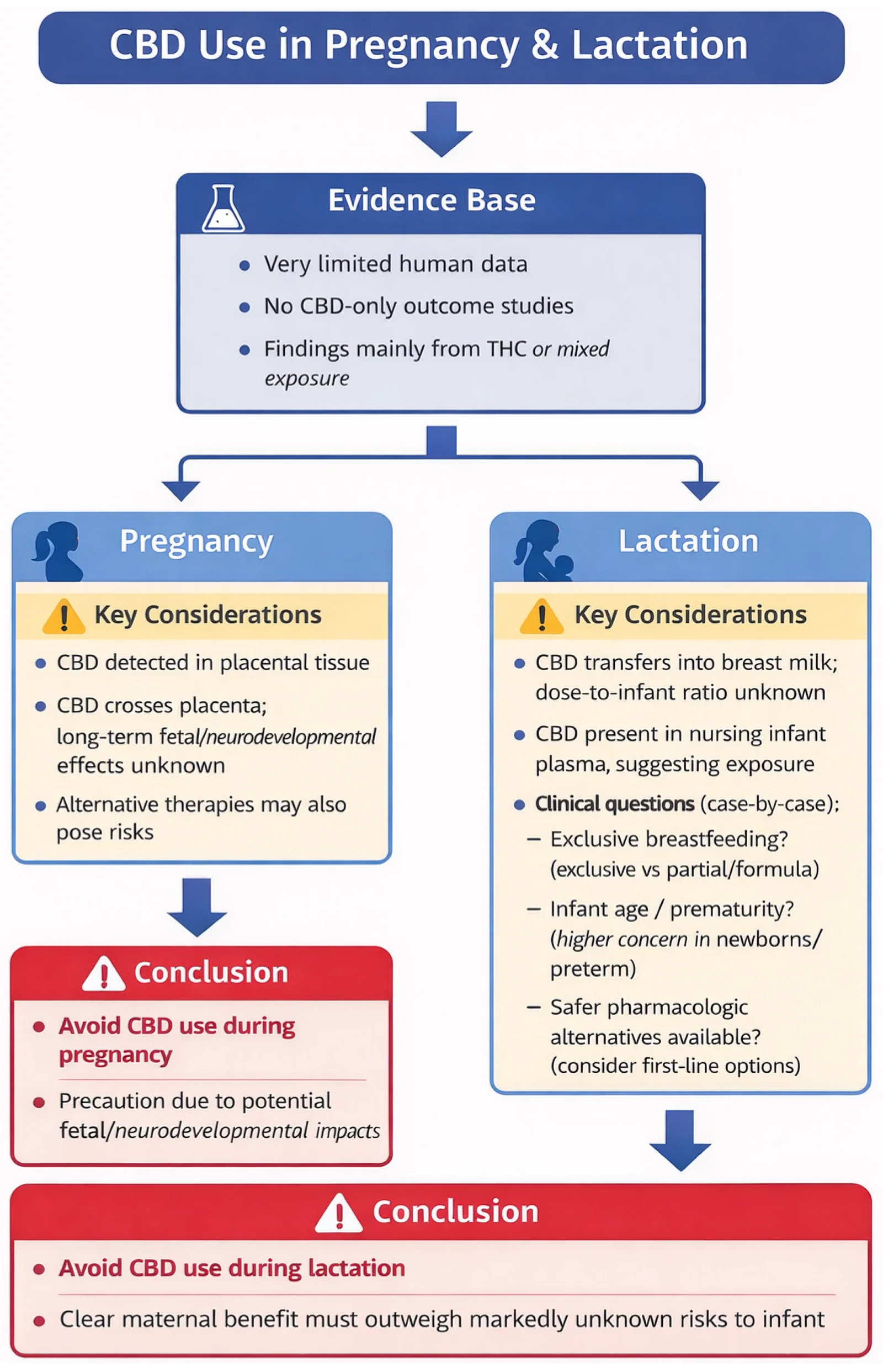 Key considerations related to CBD exposure during pregnancy and breastfeeding. The scheme summarizes the main clinical questions regarding CBD exposure in pregnancy and lactation, including placental or breast milk transfer, limited human outcome data, infant age, breastfeeding intensity, and the maternal treatment context. CBD, cannabidiol.