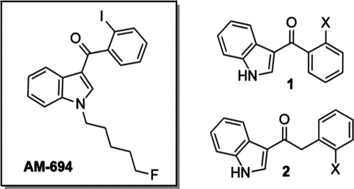 Model series of 8 compounds, based on the core, linker, and ring section of AM-694. Compounds 1a–d contain a methanone linker and 2a–d contain an ethanone linker group, all with varied halogen substitution at the 2-position.