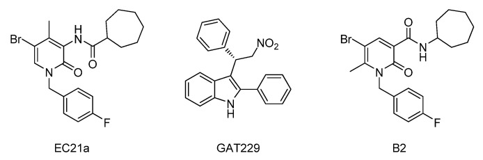 Structures of CBR PAMs, EC21a and GAT229, and of dual orthosteric CBR agonist B2.
