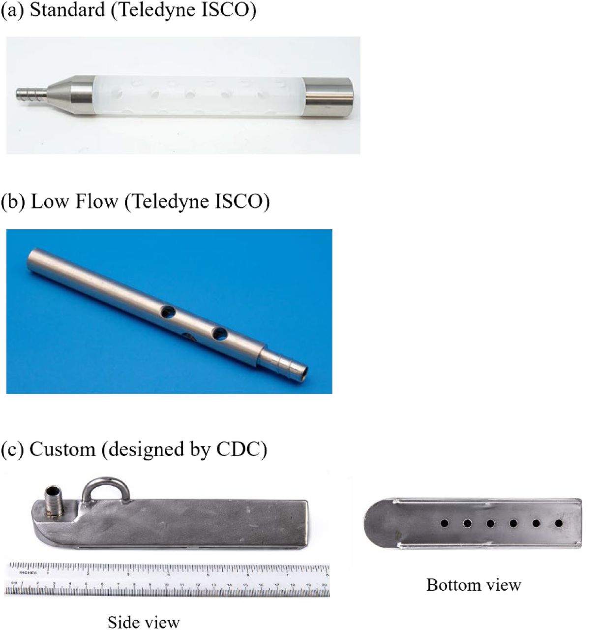 Strainer types, (a) Standard (photo: https://store.teledyneisco.com) – standard weighted polypropylene strainer (3/8” ID); (b) Low Flow (photo: https://store.teledyneisco.com) – low flow stainless steel strainer (3/8” ID); and (c) CDC custom