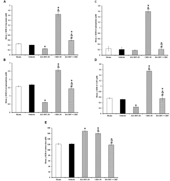 Effects on the extracellular levels of DA, NE, EP, 5-HT, and AD after the administration of AA-5-HT (20 mg/Kg; i.p.), cannabidiol (CBD; 30 mg/Kg; i.p.) or AA-5-HT (20 mg/Kg; i.p.) and 15 min CBD (30 mg/Kg; i.p.) at the beginning of the lights-on period. Administration of AA-5-HT decreased extracellular contents of DA, NE, 5-HT and increased AD levels as well. No statistical differences were observed in NE contents. Moreover, injection of CBD (30 mg/Kg; i.p.) increased all neurotransmitters levels. Next, the administration of AA-5-HT before injection of CBD was able to prevent the enhancement in DA, NE, EP, 5-HT as well as AD levels (A–E, respectively. Mean ± SE. ∗ vs. Sham/Vehicle, P < 0.05; & vs. AA-5-HT-20, P < 0.05; # vs. CBD-30, P < 0.05). Abbreviations: Cannabidiol 30 mg/Kg, i.p. (CBD-30), AA-5-HT-20 mg/Kg (AA-5-HT-20).