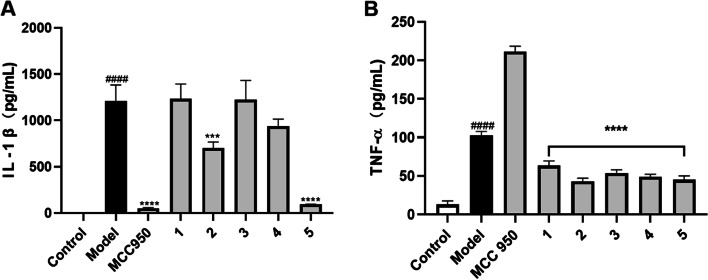 Anti-inflammatory effects of cannabinoids (1–5) isolated from hemp roots. Inflammasome activation in THP-cells was induced by the stimulation with LPS-nigericin. Effects of 1–5 (at 50 µM) on the production of pro-inflammatory cytokines including IL-1β (A) and TNF-α (B). Data are presented as means ± standard deviation from samples with three replicated experiments (n = 3). Statistical analysis was performed with a one-way analysis of variance with multiple comparisons and the significance was noted as: ***p < 0.001, ****p < 0.0001 vs. the model (LPS-nigericin stimulated) group and ####p < 0.0001 vs. the control group