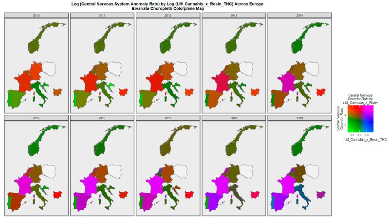 Bivariate colorplaner sequential map-graphs of log (central nervous system anomaly rates) by log of last month cannabis use: cannabis resin THC concentration across surveyed European nations over time, 2010–2019.