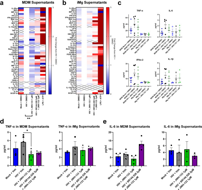 CB2 agonists reduce global cytokine release following HIV infection in MDMs but not in iMg. a, b. Cytokine levels in cell-free supernatants of MDM (a) and (b) iMg cultures were measured with Bio-Plex Pro 48-Plex human cytokine screening panel. Heatmaps show log2 fold changes from the HIV + vehicle condition. Supernatants were pooled from 4 wells/condition at days postinfection 9 (DPI 9) and assayed in duplicate. n = 6 MDM donors and 3 iMg lines. Student’s t test, **p < 0.01. c. Levels of cytokines reportedly associated with HIV-induced brain injury in MDM and iMg supernatants, measured with Bio-Plex Pro 48-Plex human cytokine screening panel. d, e. Levels of tumor necrosis factor alpha (TNF-α) and IL-6 in (d) MDM and (e) iMg culture supernatants, measured with AlphaLISA. n = 6 MDM donors and 3 iMg lines. Student’s t test, *p < 0.05