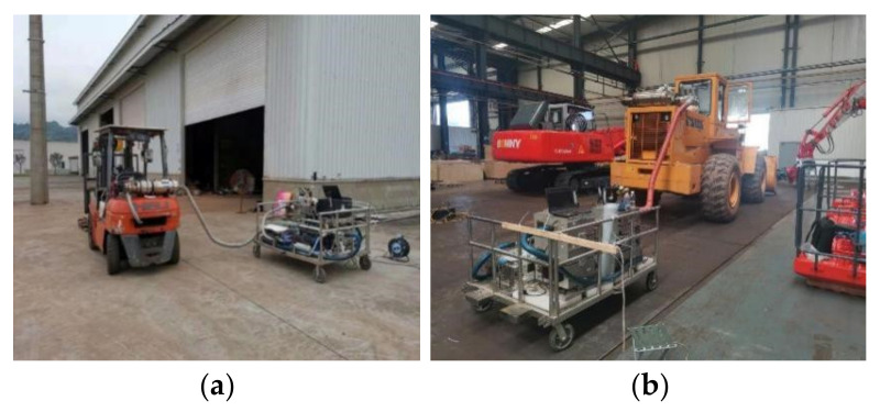 Part of the field experiment diagram of measuring machinery. (a) Description of Forklift walking condition test; (b) Description of loader idling condition test; (c) Description of excavator idling condition test before installation of the treatment unit; (d) Description of excavator walking condition test; (e) Description of excavator idling condition test after installation of the treatment unit; (f) Description of excavator working condition test. The pictures were actually taken during the field tests of this study.