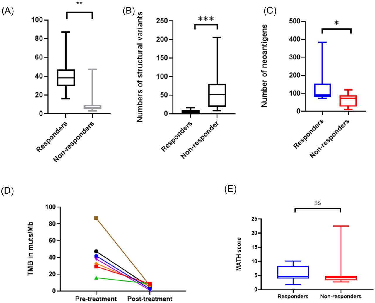 Differences in genomic characteristics between responders and non-responders. A – Tumour mutational burden in mutations/megabase; B-Structural variants per sample; (C) Numbers of neoantigens per sample; (D) Change in Tumour mutational burden in paired samples pre and post response; (E) MATH score per sample