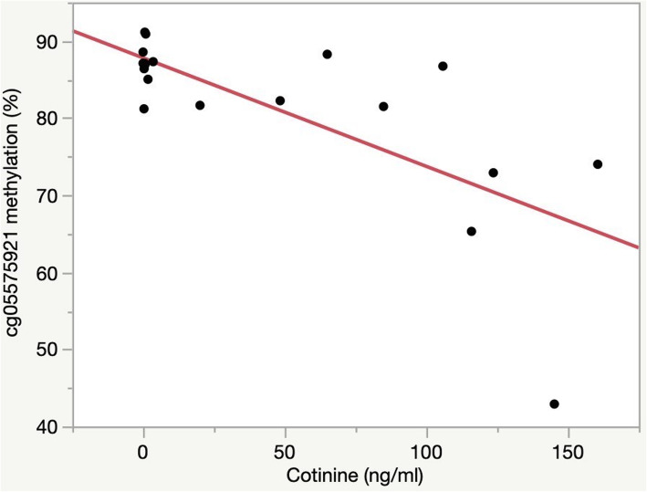 cg05575921 methylation as a function of cotinine levels in those with a positive cotinine and self-reported smoking in W3. Percent methylation, indicated by methylation-sensitive droplet digital PCR, is given on the y-axis. Cotinine value in ng/mL, indicated by enzyme-linked immunoassay, is given on the x-axis. Each subject had a positive cotinine (defined as > 2 ng/mL) and self-reported smoking cigarettes within the past 6 months (n = 17)