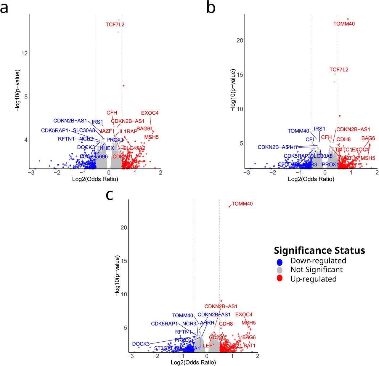 Statistical significance and effect size of genetic associations from a PheWAS analysis across the profiles: (a) ACUTE-CARD, (b) CARDIOMIX, and (c) SMO-CARD. X-axis: effect size (log₂OR), Y-axis: significance (−log₁₀p). Dashed lines mark thresholds: log₂OR=±0.5 (vertical) and p=0.05 (horizontal). Red = significant positive associations, blue = significant negative associations, grey = non-significant. Labels show top 10 most significant up and down-regulated genes.