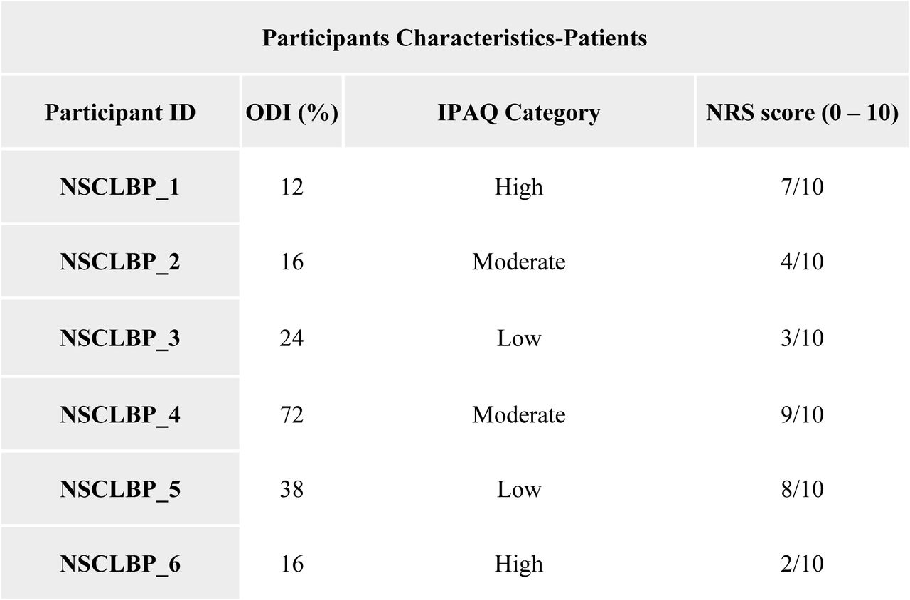 Participants’ (patients) characteristics and outcome measures of ODI, IPAQ and NRS.