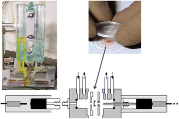 The Ussing chamber. Upper left: Ussing chamber equipment. Upper right: Mounting a tissue specimen in a chamber for measurement. Lower panel: schematic view of an Ussing chamber setting. For details see text.