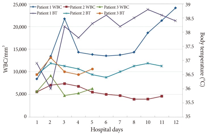 The changes in white blood cell (WBC) count and body temperature in three patients with perforation. Compared to patient 1, who showed high fever and leukocytosis, patients 2 and patient 3 remained in a normal state during their hospital stay.