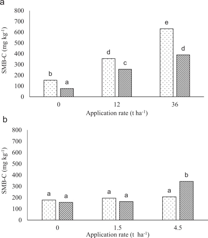 Soil microbial biomass carbon at different application rates of lime at 112 days of incubation. Figure A and B indicates Eston and Eshowe soil, respectively. Lime was applied at a rates of 0, 12 and 36 t ha−1 and 0, 1.5 and 4.5 t ha−1 at different depth of 0–10 and 10–20 cm for Eston and Eshowe, respectively. The white dotted and black hatched bars represent 0–10 and 10–20 cm depth, respectively. Bars with same letters are not significantly different.