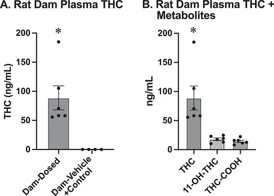 (a) Concentration of THC in the plasma of dosed rat dams (left) and vehicle + control rat dams (right). The plasma of dosed rat dams contained significantly higher concentrations of THC than vehicle + control rat dams. (b) THC and metabolites in the dosed rat dam plasma. THC‐COOH concentration (right) and 11‐OH‐THC concentration (center) are both significantly lower than THC (left). The asterisk (*) indicates that the value is significantly different from all other groups.