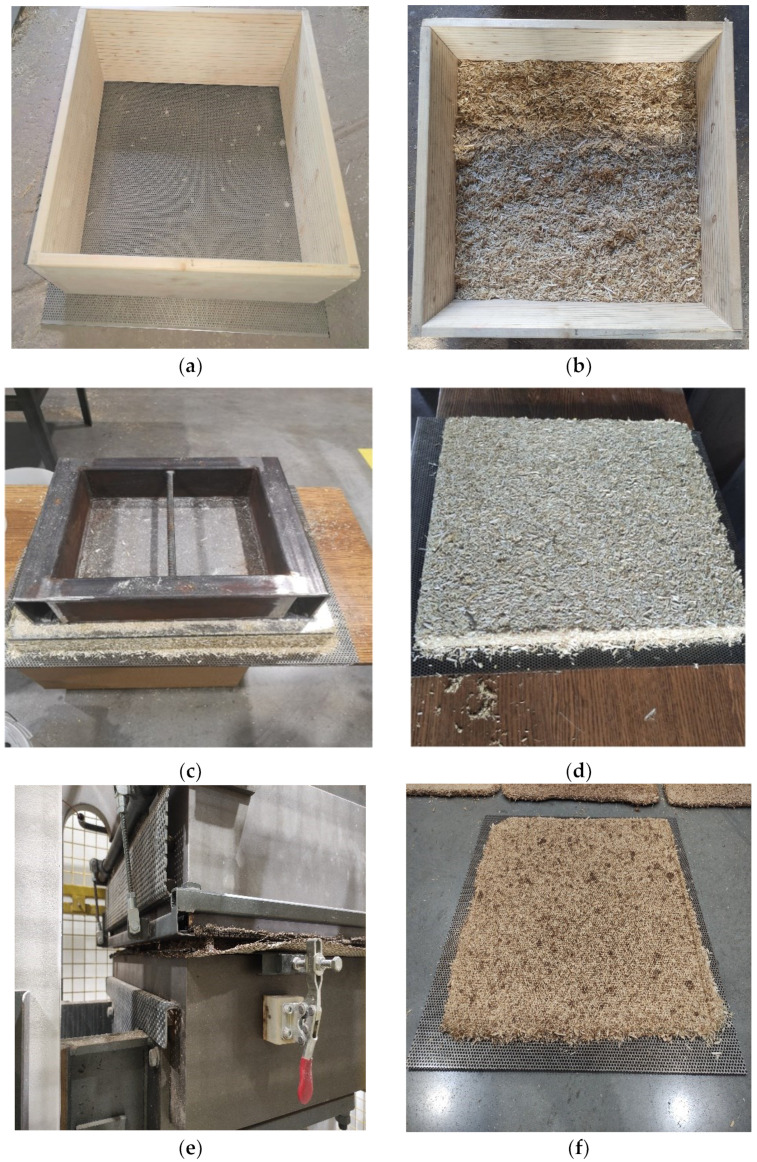 The procedure for preparing the board: (a) graduated wooden form on a perforated metal plate; (b) the form is filled with the prepared mixture; (c) the mat is formed with the help of a pressing plate; (d) removed metal pressing plate and obtained board forming mat; (e) the mat is pressed with a thermopress; (f) the prepared board is removed from the press.