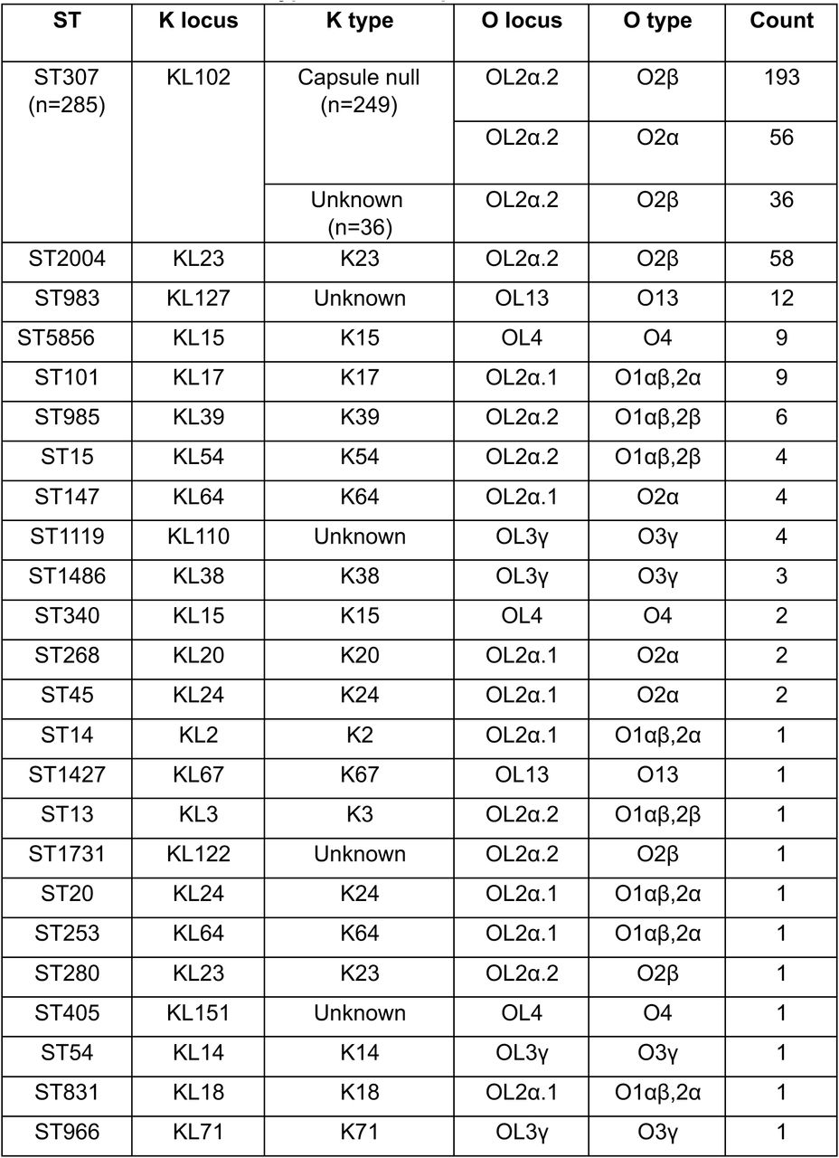 K and O loci and types identified per ST