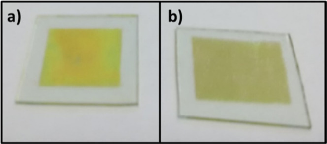 Photographs of CdS TFs on coated ITO glass substrates: (a) as ground and (b) with thermal annealing.