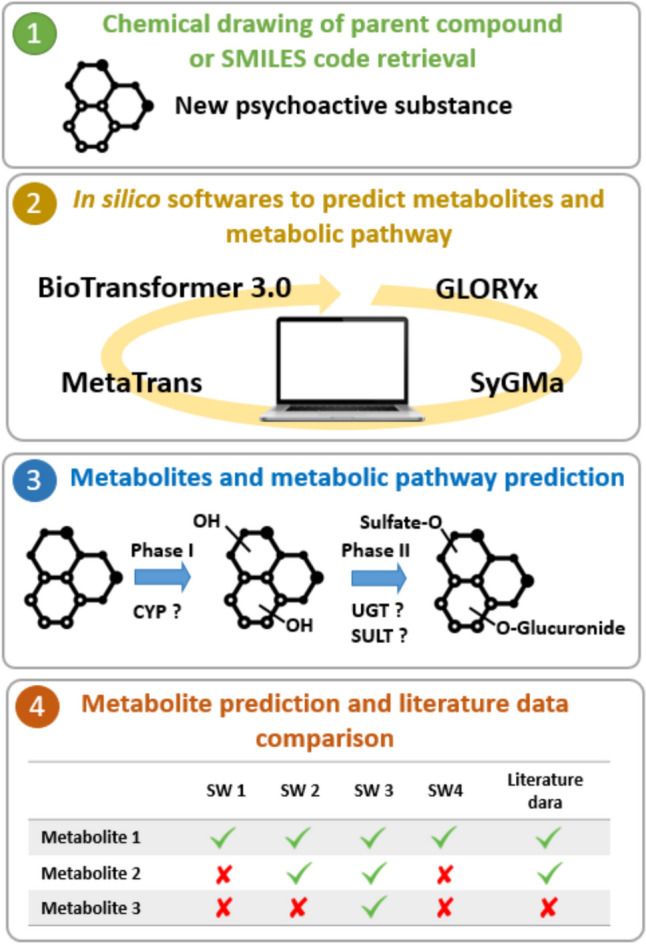Overview methodology for in silico new psychoactive substances metabolism prediction used in this study. OH: hydroxylation; CYP: cytochrome P450; SULT: sulfotransferase; SW: software; UGT: UDP-glucuronosyltransferase