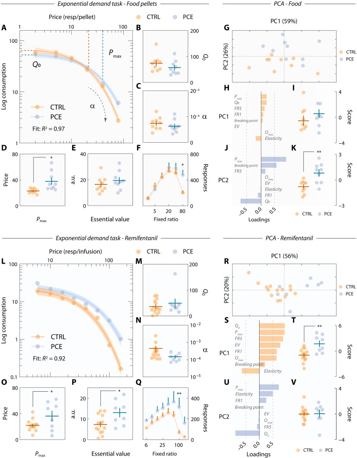 Behavioral economics modeling of food and remifentanil demand.(A) Exponential demand curve for food rewards. Shaded areas represent 95% CI. (B) Q0 in control and PCE rats (t16 = 1.21 and P = 0.24). (C) PCE does not influence price sensitivity (α) (t16 = 0.94 and P = 0.36). (D) Pmax in control and PCE rats (Welch’s *t9.0 = 2.92 and P = 0.017). (E) Unchanged food essential value in control and PCE rats (t16 = 0.97 and P = 0.34). (F) Session-averaged lever press responses at each price point (two-way RM ANOVA; treatmentF1,16 = 0. 82 and P = 0.37; priceF5,80 = 28.5 and P < 0.001; interactionF5,80 = 3.13 and P = 0.012; Bonferroni’s post hoc: CTRL versus PCE, *P = 0.013). (G) PC1 (“inelastic lever pressing”) and PC2 (“anhedonic motivational drive”) scores. Percentages indicate the proportion of total behavioral variance explained by each factor. (H) Variable loadings onto PC1. (I) Inelastic lever pressing (PC1) scores (t16 = 0.97 and P = 0.34). (J) Variable loadings onto PC2. (K) Anhedonic motivational drive (PC2) scores (**t16 = 3.46 and P = 0.003). For all food pellet panels, nCTRL = 9 and nPCE = 9. (L) Exponential demand curve for remifentanil. Shaded areas represent 95% confidence interval. (M to P) Q0 (t20 = 0.85 and P = 0.40), α (Welch’s t13.6 = 1.78 and P = 0.097), Pmax (*t20 = 2.23 and P = 0.037), and essential value (*t20 = 2.57 and P = 0.018) derived from remifentanil demand curves. (Q) Session-averaged lever presses for remifentanil at each price point (two-way RM ANOVA; treatmentF1,20 = 4.64 and P = 0.043; priceF7,140 = 13.7 and P < 0.001; interactionF7,140 = 2.37 and P = 0.025; Bonferroni’s post hoc: CTRL versus PCE, **P = 0.001). (R) Individual scores on the two principal components identified by PCA in the remifentanil dataset. (S) Variable loadings onto PC1. (T) Inelastic lever pressing for remifentanil (**t20 = 3.53 and P = 0.002). (U) Variable loadings onto PC2. (V) Anhedonic motivational drive of remifentanil demand (t20 = 0.09 and P = 0.92). For all drug-related panels, nCTRL = 14 and nPCE = 8. For all bar and point plots, lines denote mean ± SEM.