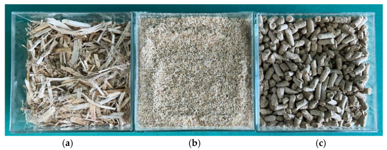 (a) Hemp fibers. (b) Milled hemp fibers. (c) Hemp pellets.