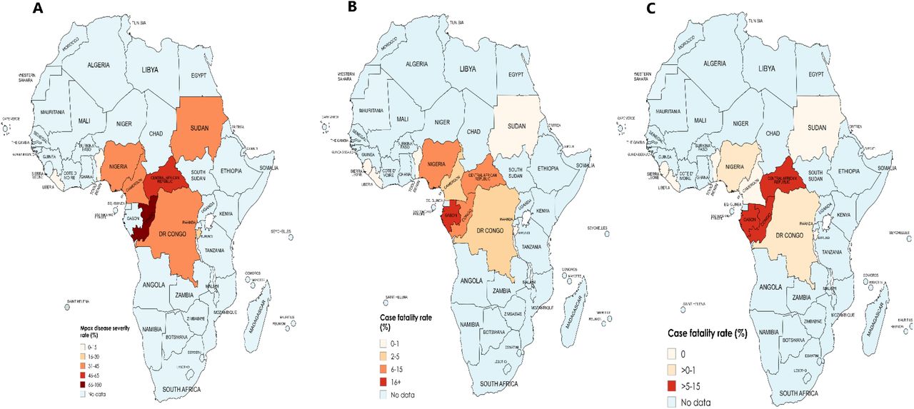 Mapping of mpox severity (A) and case fatality rates among confirmed (B) and suspected (C) mpox cases across affected African