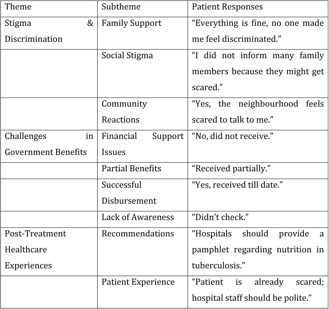 Thematic Matrix of Stigma, Access to Government Benefits, and Post-Treatment Healthcare Experiences Among TB Patients