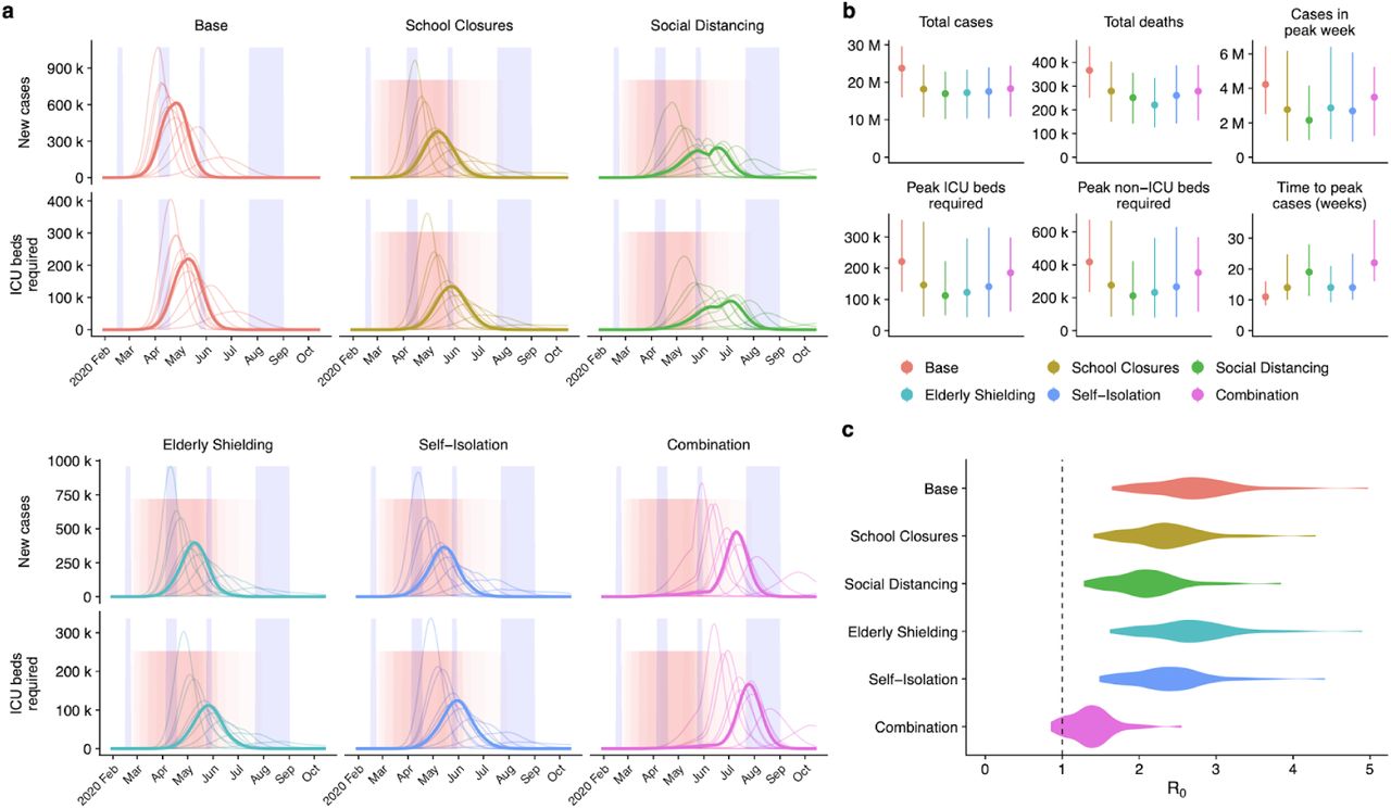 Impact of interventions lasting 12 weeks.(a) Daily new cases and ICU beds required over the course of the simulated scenarios in the UK. From 50 realisations of each projection, we show 11 representative simulations, corresponding to each decile of the total number of cases; the bold curve shows the simulation resulting in the median projected number of cases. Blue shaded regions show regular school closures, while the pink shaded region shows the distribution of 12-week interventions. (b) Summary of simulated outputs, in total number of clinical cases and deaths, clinical cases in peak week, peak ICU beds required, peak non-ICU beds required, and the time from seeding until peak of the epidemic. (c) The sampled distribution of the basic reproduction number, R0, under each intervention scenario.
