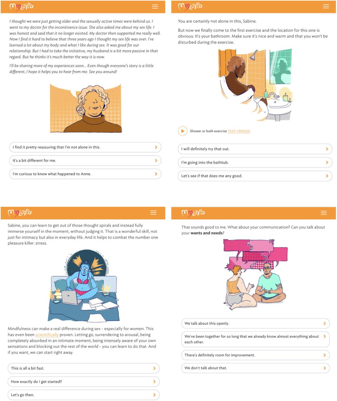 Selected screenshots of mylovia, translated to English for illustration purposes.Note: The actual mylovia digital therapeutic is in German. An English version is currently not available. (please see separate pdf for higher resolution)