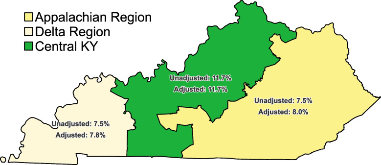 Age-adjusted prevalence of cannabis use by region in KY, 2020–21