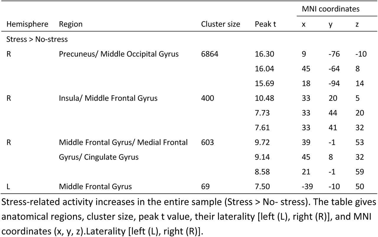 Stress-related activity increases in the entire sample (Stress > No-stress)
