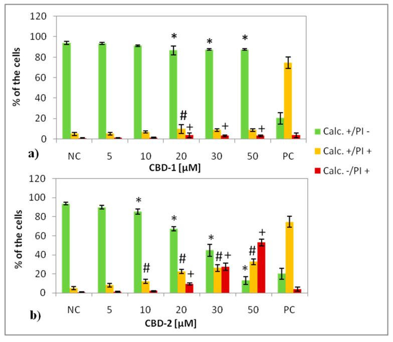 Percentage of 3D cultured cells Calc+/PI−, Calc+/PI+ and Calc−/PI+ after 24 h exposure to dendrimers: CBD-1 (a) and CBD-2 (b) at different concentrations. * p < 0.05 vs. NC for group Calc+/PI−; # p < 0.05 vs. NC for group Calc+/PI+; + p < 0.05 vs. NC for group Calc−/PI+. n = 6.