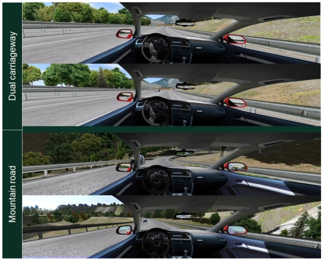 Screenshots of the main sections driven along the route: dual carriageway (two top images), and mountain road (two bottom images).