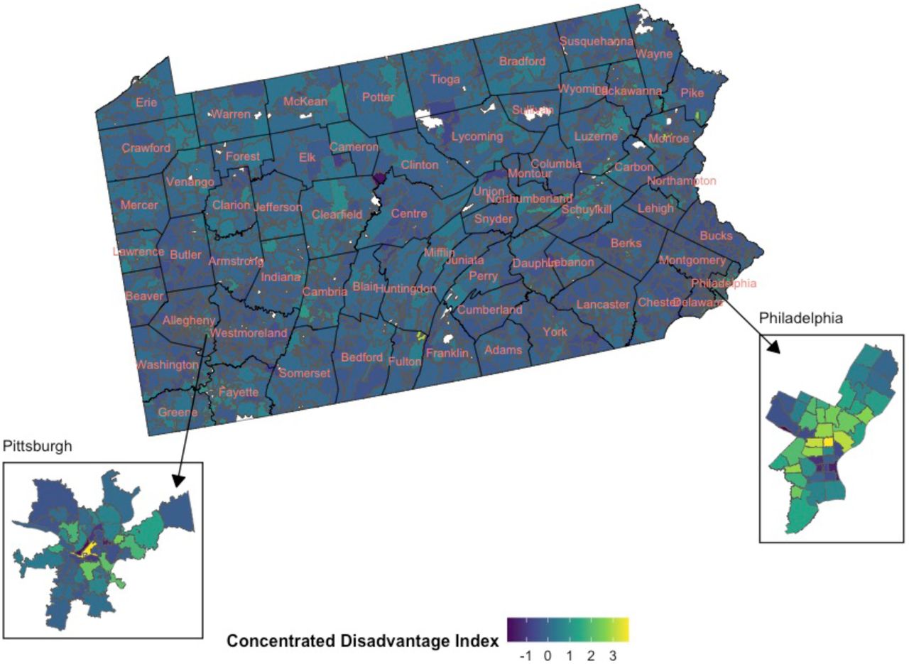 Distribution of concentrated disadvantage index within Pennsylvania in 2022. Light gray indicates no patients were present in the zip code. White indicates limited data on population.