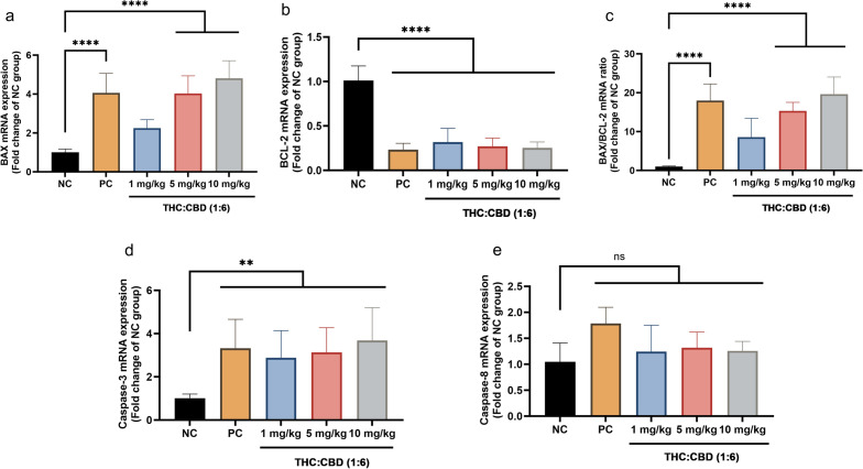 The mRNA expression levels of BAX gene (a), BCL-2 gene (b), BAX/BCL-2 ratio (c), Caspase-3 gene (d), and Caspase-8 gene (e) among the NC group, PC group, and cannabinoids-treated groups at a dose of 1, 5, and 10 mg/kg BW. The values were presented as mean ± SD. **p < 0.05; ****p < 0.001; nsp > 0.05 (Kruskal–Wallis test).