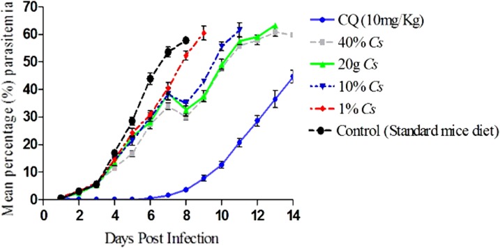 Comparative response of treatment with chloroquine, oral ingestion of Cannabis sativa, and controls (standard mice diet) against chloroquine-resistant Plasmodium berghei ANKA strain parasites in mice.