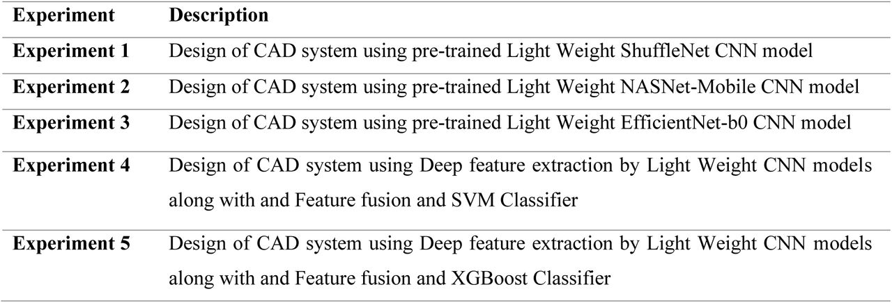 Overview of the Conducted Experiments in the Proposed Study