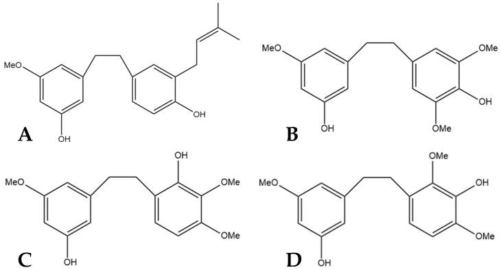 (A) Structural diagram of cannabistilbene I (MW 312.41). (B) An early possibility for the structure of cannabistilbene II. (C) Structural diagram of cannabistilbene IIa. (D) Structure of cannabistilbene IIb. (MW 304.34).