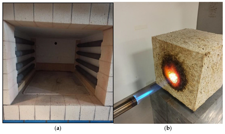 (a) Interior of a muffle furnace chamber; (b) flammability test with gas blow torch. (Source: own photo).