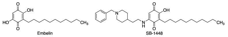 Structures of embelin and its analogue, the embelin-donepezil hybrid SB-1448.