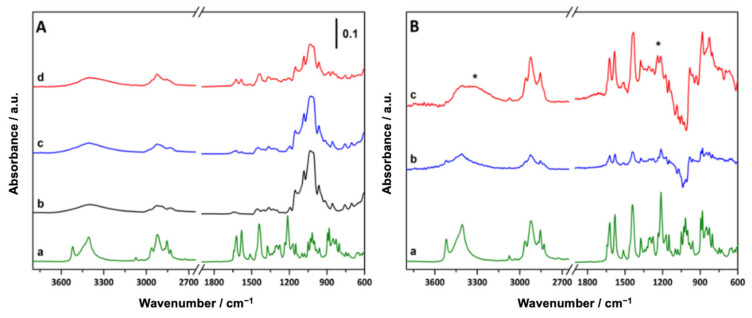 (A) ATR-FTIR spectra of CBD (a), MβCD (b), pmCBD (c), and knCBD (d). (B) CBD ATR-FTIR spectrum (a) and different spectra obtained after subtracting the MβCD spectrum from the pmCBD spectrum (b) or knCBD spectrum (c). The most significant modifications of the CBD spectrum are marked with asterisks (*).