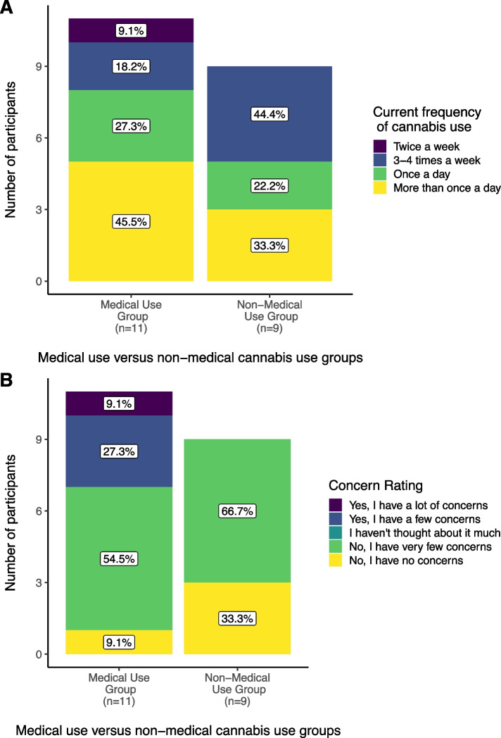 a Current frequency of cannabis use and b concerns about cannabis use, based on categorization of use as medical or non-medical (N = 20)