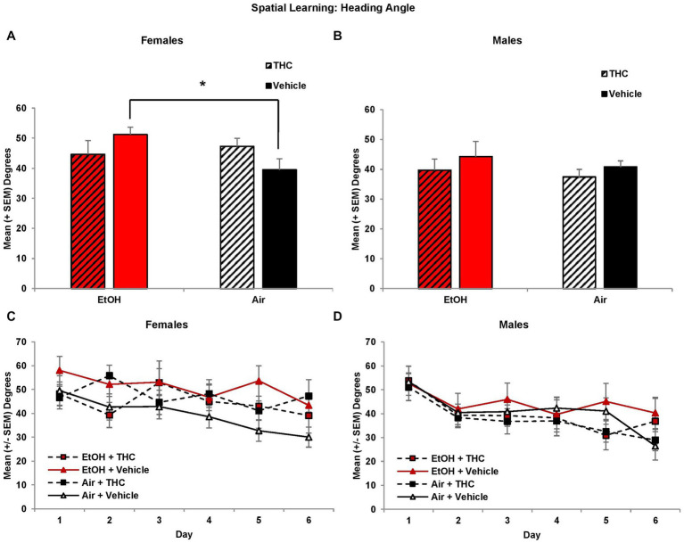 Female offspring prenatally exposed to alcohol alone had significantly larger heading angles (impaired performance) compared to controls (A,C). Heading angle did not differ among groups of male offspring (B,D). *EtOH+Vehicle > Air+Vehicle, p < 0.05.