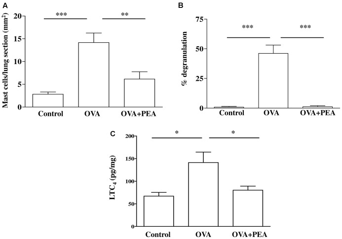 Effect of PEA on pulmonary mast cell activation induced by OVA sensitization. PEA (10 mg/kg) was administered i.p. 15 min before each OVA administration. (A) Quantification of mast cell recruitment 15 days after OVA sensitization. (B) Percentage of mast cell degranulation evaluated as ratio between degranulated and non-degranulated mast cells. (C) LTC4 levels were quantified in lung tissue by ELISA. Data are expressed as means ± SEM, n = 6; ∗p < 0.05, ∗∗p < 0.01, ∗∗∗p < 0.001; one-way ANOVA plus Bonferroni.