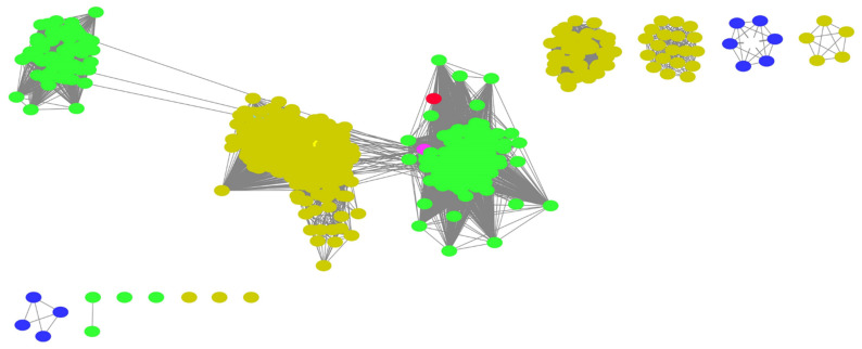 SSN generated using OAC amino acid sequence as a template with 40% sequence identity using EFI-EST webtool [46]. Green nodes represent sequences from plant species, yellow from bacterial species and dark purple from other Eukaryota species. OAC reference sequence is colored red. Uncharacterized sequence from M. polymorpha is colored magenta.