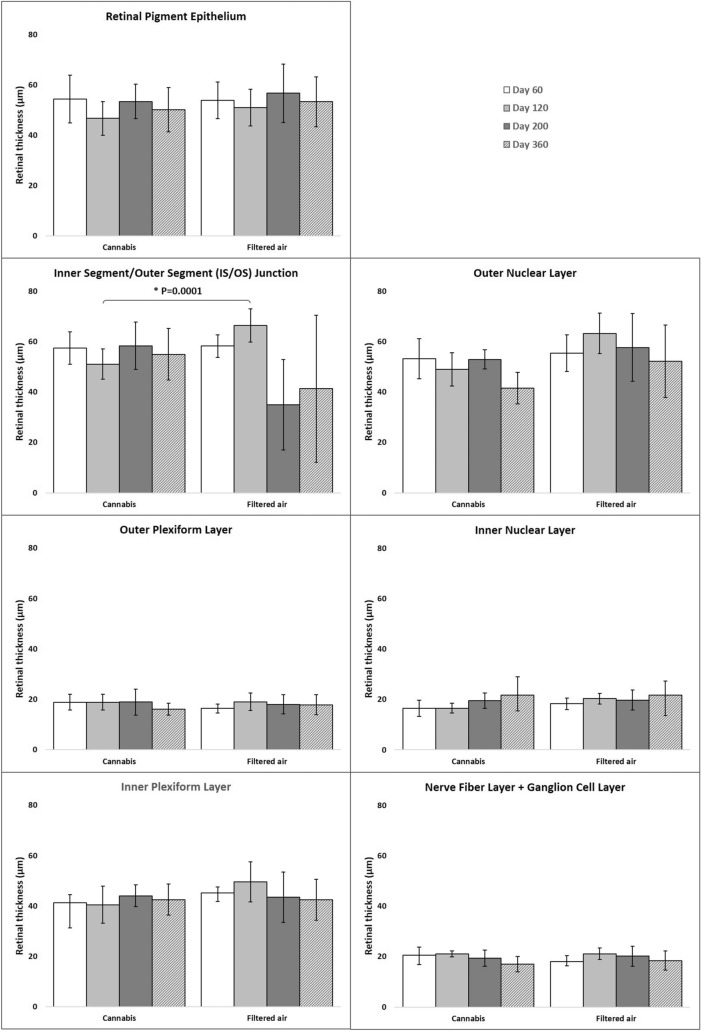 Retinal layers thickness on SD-OCT of the offspring of pregnant mice exposed to Cannabis smoke or filtered air during pregnancy (mean ± standard deviation).*P = 0.0001 (MANOVA, 95% CI: 47–54, age*exposition)