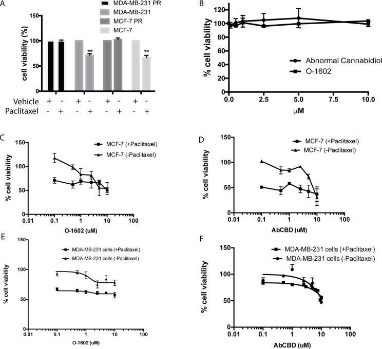 Cell viability. (A) Effect of paclitaxel on sensitive and resistant (PR) MCF-7 and MDA-MB-231 cells. (B) Effect of O-1602 and Abn-CBD on the cell viability of MCF-10A cells. (C) Cell viability measured in paclitaxel-sensitive MCF-7 cells following 48-h treatment with various concentrations of O-1602 alone or in presence of paclitaxel. (D) Effect of Abn-CBD ± paclitaxel on taxol-sensitive MCF-7 cells. (E) Effect of O-1602 ± paclitaxel on taxol-sensitive MDA-MB-231 cells. (F) Effect of Abn-CBD ± paclitaxel on taxol-sensitive MDA-MB-231 cells.