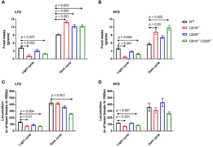 Food intake and locomotion of female mice lacking the cannabinoid receptors. Arrows indicate the comparison with WT mice. (A) Food intake of female mice for 108 hours on LFD (n = 3-6/group). One-way ANOVA for light cycle: F = 9.0, p = 0.001; for dark cycle: F = 13.8, p < 0.001. (B) Food intake of female mice for 108 hours on HFD (n = 4-6/group). One-way ANOVA for light cycle: F = 14.5, p < 0.001; for dark cycle: F = 8.1, p = 0.003. (C) Locomotion of female mice for 108 hours on LFD (n = 4-6/group). One-way ANOVA for light cycle: F = 6.7, p = 0.004; for dark cycle: F = 11.8, p <0.001. (D) Locomotion of female mice for 108 hours on HFD (n = 3-6/group). One-way ANOVA for light cycle: F = 23.3, p < 0.001; for dark cycle: F = 2.5, p = 0.10.