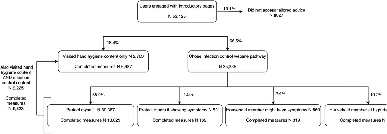 Flow diagram of the number of users who visited each part of Germ Defence.