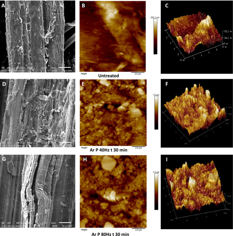 Scanning electron micrographs (×2000) and AFM (10 μm × 10 μm) scans of untreated and argon plasma-treated hemp fibers. The SEM micrographs in figures are taken at 2000× magnification, while the AFM scans cover a 10 μm × 10 μm area along with the 3D surface topography [A–C: SEM and AFM micrographs of untreated fiber with their 3D projection, D–F: SEM and AFM micrographs of fibers argon plasma-treated for 30 min at 40 Hz power with their 3D projection, and G–I: SEM and AFM micrographs of fibers argon plasma-treated for 30 min at 80 Hz power with their 3D projection].