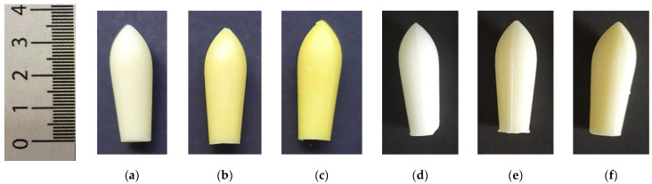 Appearances of suppository formulations with Cannabis extractum normatum prepared based on cocoa butter and Witepsol® H15: (a) CB; (b) CB_EXT_25; (c) CB_EXT_50; (d) W; (e) W_EXT_25; (f) W_EXT_50.